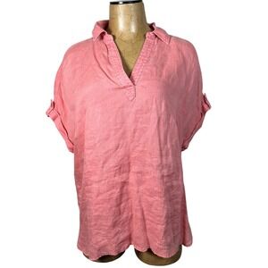 Nicole Miller New York Pink 100% Linen V-Neck Short Sleeve Tunic Top Womens M